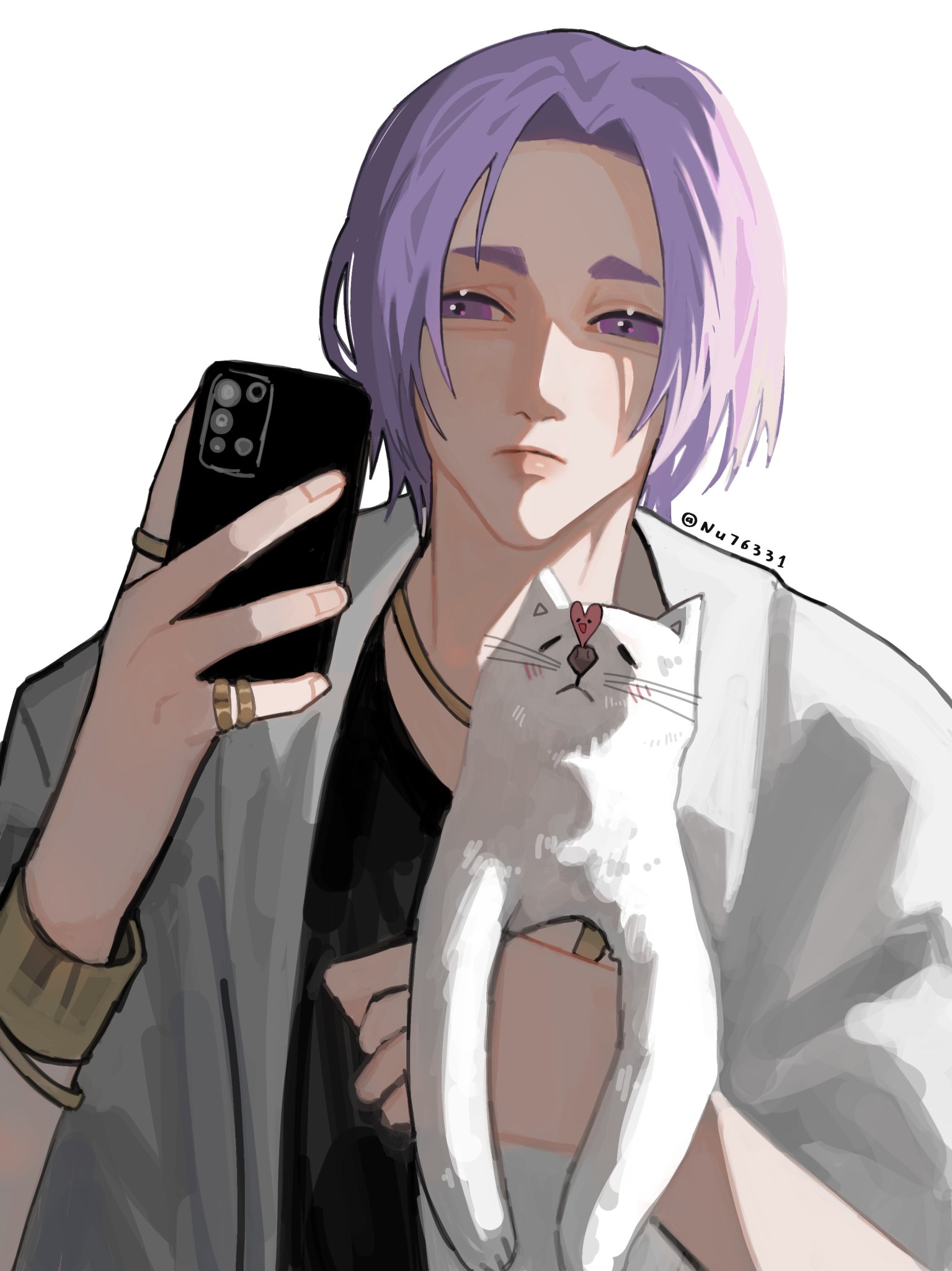 a digital illustration of an anime boy taking a selfie with his white cat. the boy has purple hair and is wearing a white shirt and a grey jacket. he has a phone in one hand and is holding the cat in the other. he is wearing several rings on his fingers. the cat is looking away from the camera and has a pink heart drawn on its forehead. the background is white.