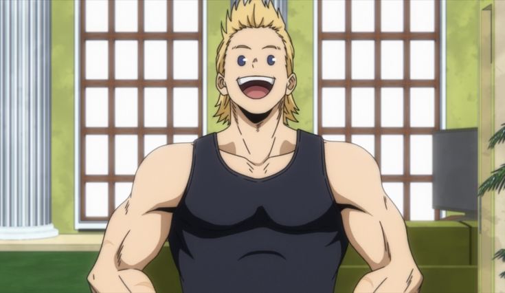 a closeup portrait of a muscular anime character, likely from my hero academia. he has short blond hair, blue eyes, and a big, friendly smile. he's wearing a sleeveless black shirt and standing in a room with a green wall and a window behind him. he looks happy and confident.