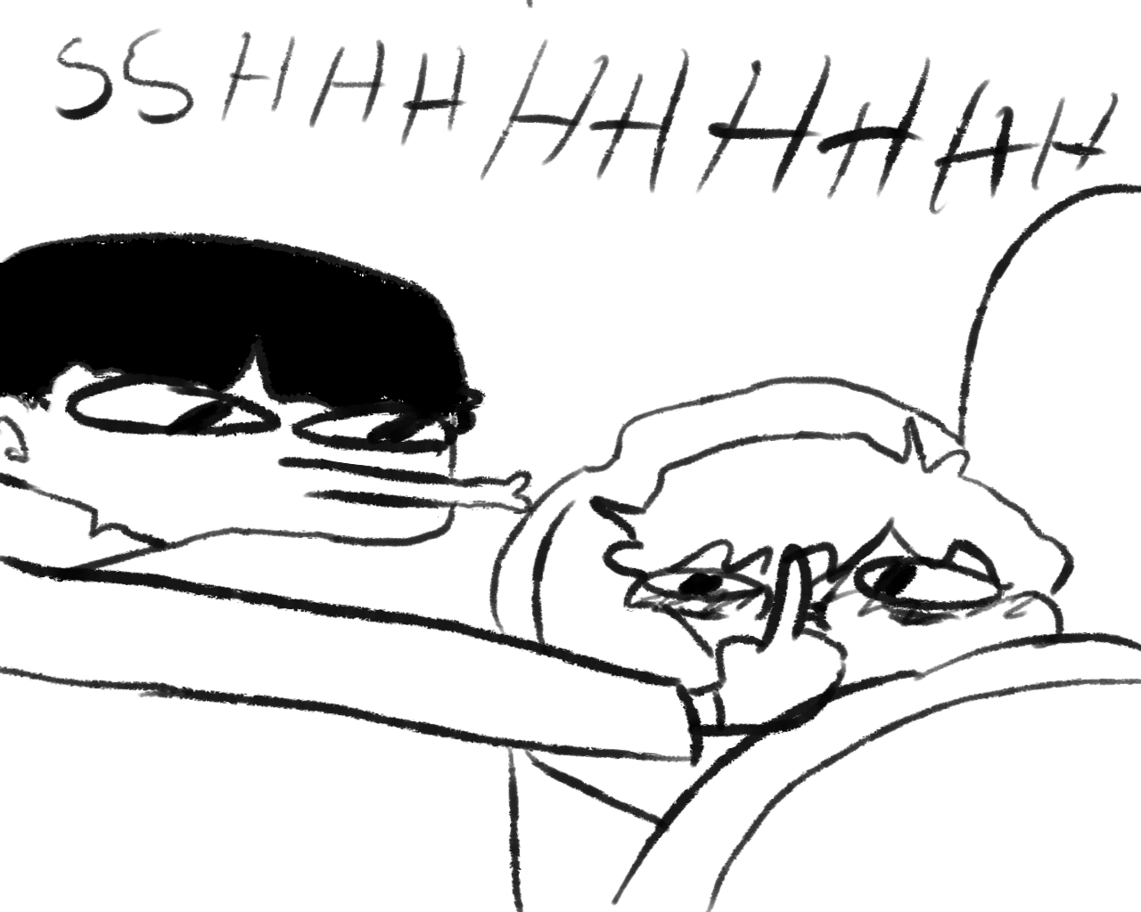 the illustration shows two people in bed. one person is sleeping, while the other is trying to be quiet. the person trying to be quiet is shushing the viewer. the art style is a simple, black and white doodle.