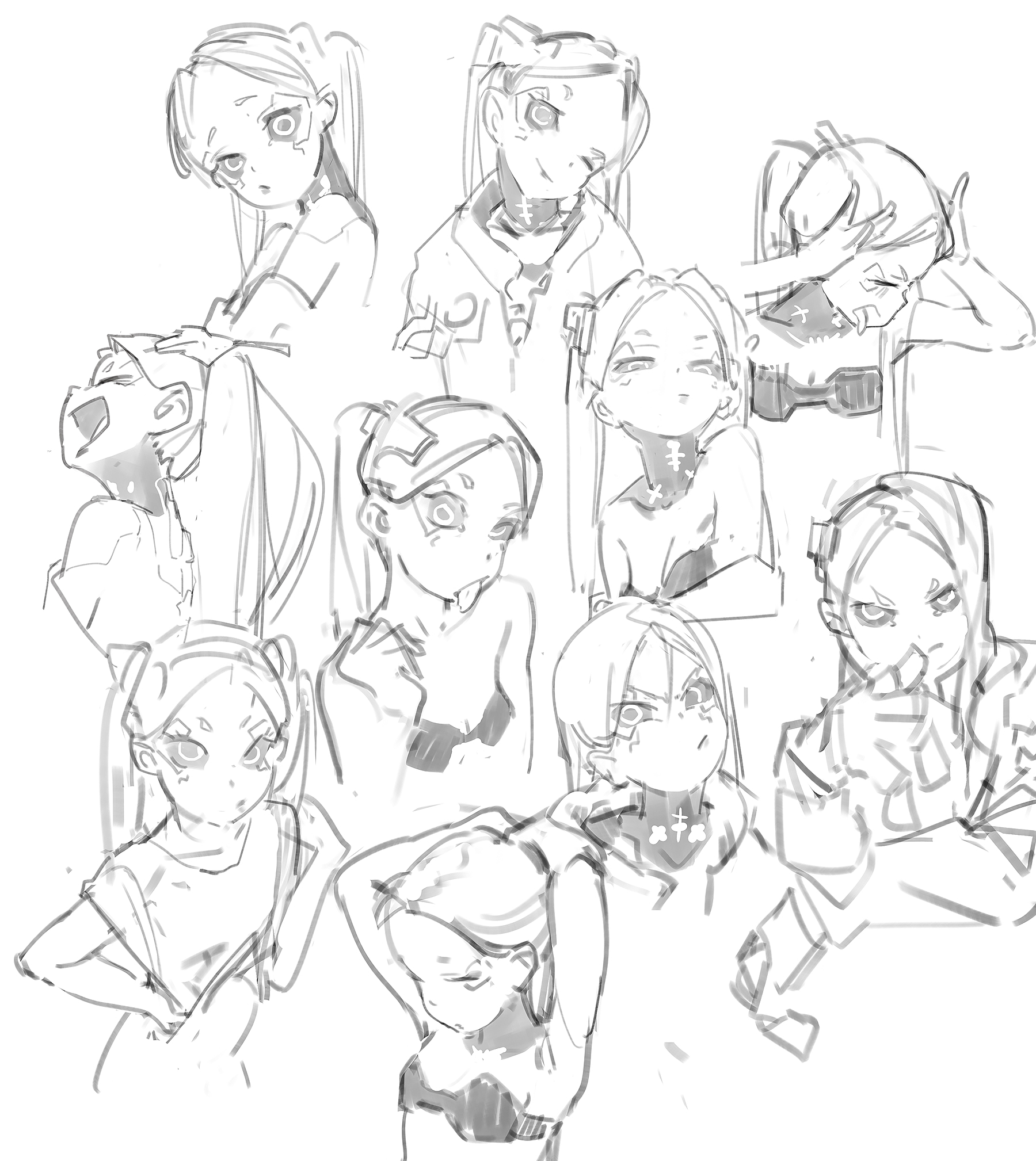 a black and white sketch of a group of anime girls with different hairstyles and expressions. they are all drawn in a similar style, with soft lines and shading. the drawing is likely a preliminary sketch for a more detailed illustration.