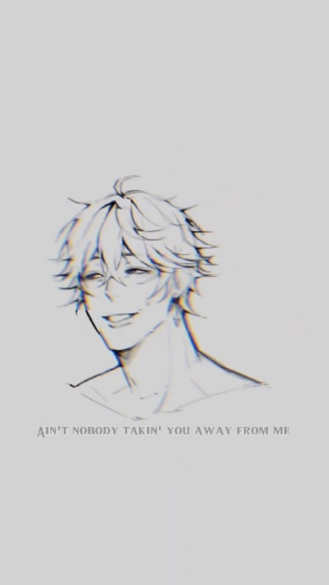 he image is a minimalist drawing of an animestyle young man with white hair. he has a gentle smile on his face. the style is simple line art with a grayscale color palette. the background is a light gray. there is text at the bottom of the image which says "ain't nobody takin' you away from me." the overall feeling is romantic and affectionate.