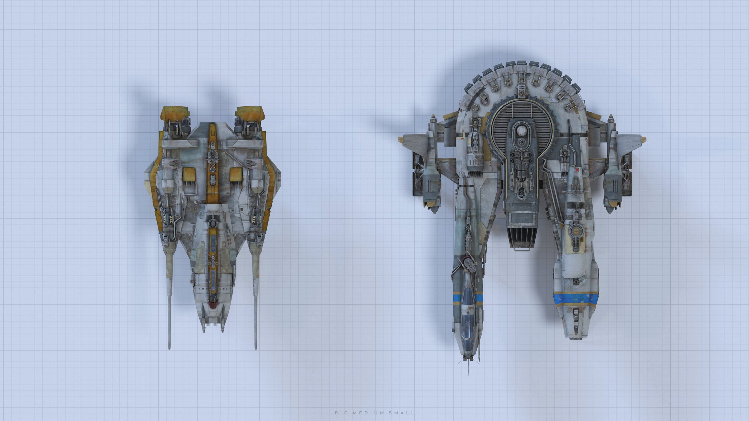 the image shows a topdown comparison of three spaceships of varying sizes, labeled "big, medium, small". the ships are depicted against a gridded background reminiscent of a blueprint or design schematic. the largest spaceship has a circular central structure with multiple smaller appendages, while the mediumsized and smallest spaceships have more streamlined, pointed designs.  the ships appear to be detailed 3d models or renderings, exhibiting a worn, weathered aesthetic with a mixture of gray, yellow, and blue hues.  the image's style suggests a concept design or promotional material for a science fiction setting.