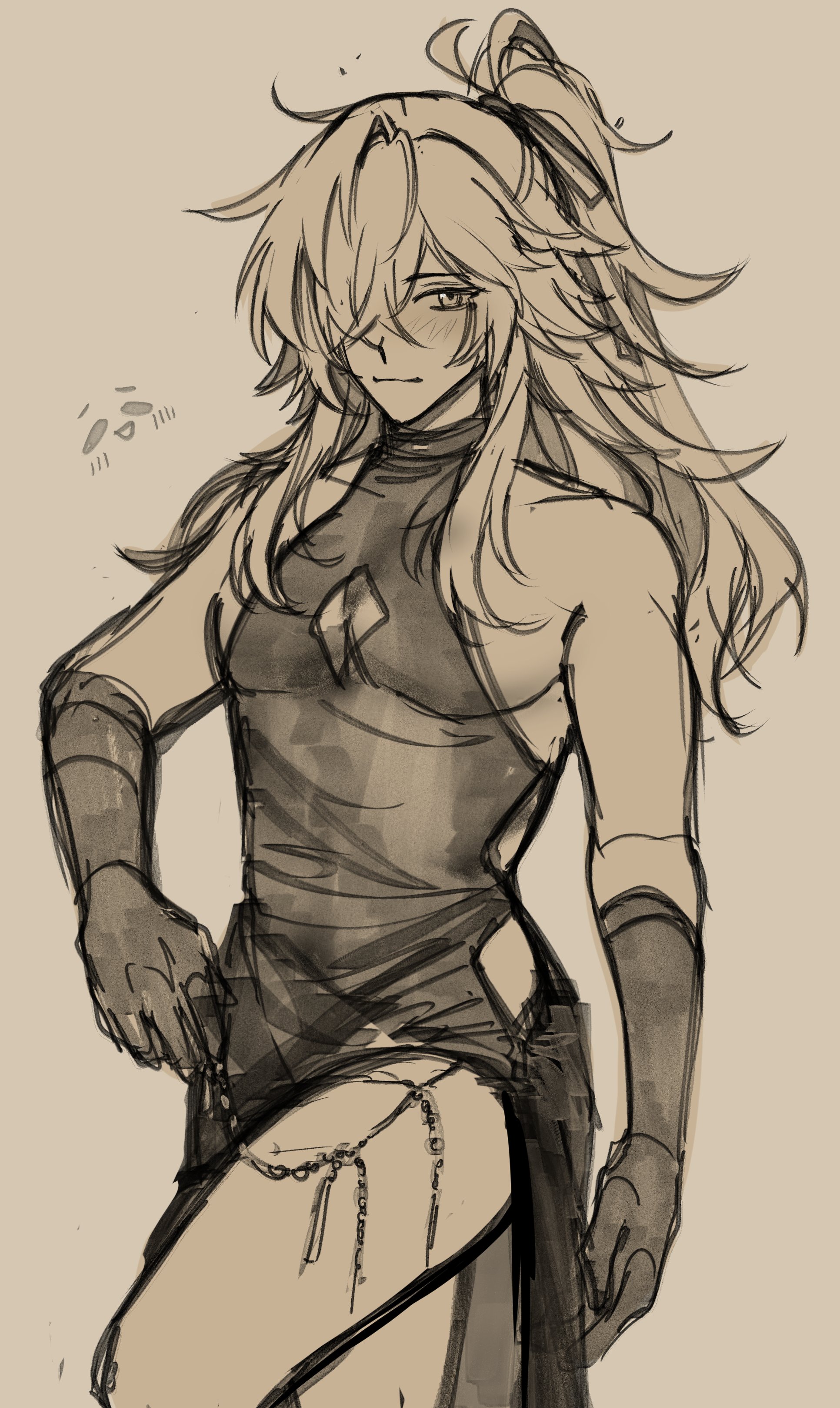 a sketch of a male anime character blushing while looking down. the character is wearing a black dress with a thighhigh chain, black gloves and his blonde hair tied in a ponytail. the drawing style is reminiscent of manga.