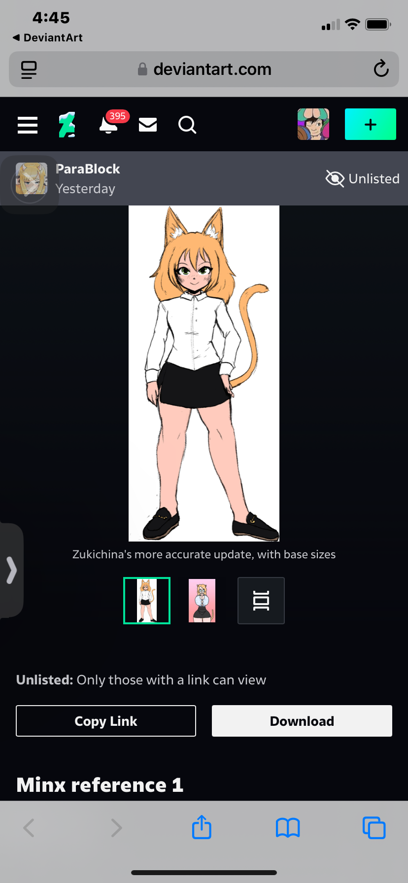 he image shows a screenshot of a deviantart mobile app page displaying an unlisted digital illustration of an animestyle catgirl character.  the illustration, credited to "zukichina," is labeled "minx reference 1" and features a young woman with cat ears and a tail, dressed in a white shirt and black skirt.  smaller thumbnail images of other variations or base poses are also displayed.  the app's interface, including navigation buttons, notification icons, and download/copy link options, is clearly visible. the overall aesthetic is dark, consistent with the deviantart app's design.