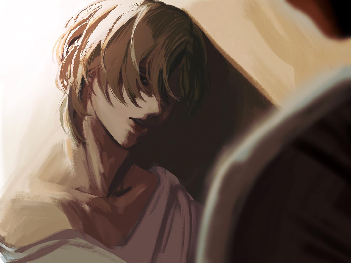 an anime character with long blonde hair is shown up close. he's looking down, his eyes are hidden by his hair, and his expression is sorrowful. his clothes are white and he's surrounded by shadows. the image looks to be a digital illustration.