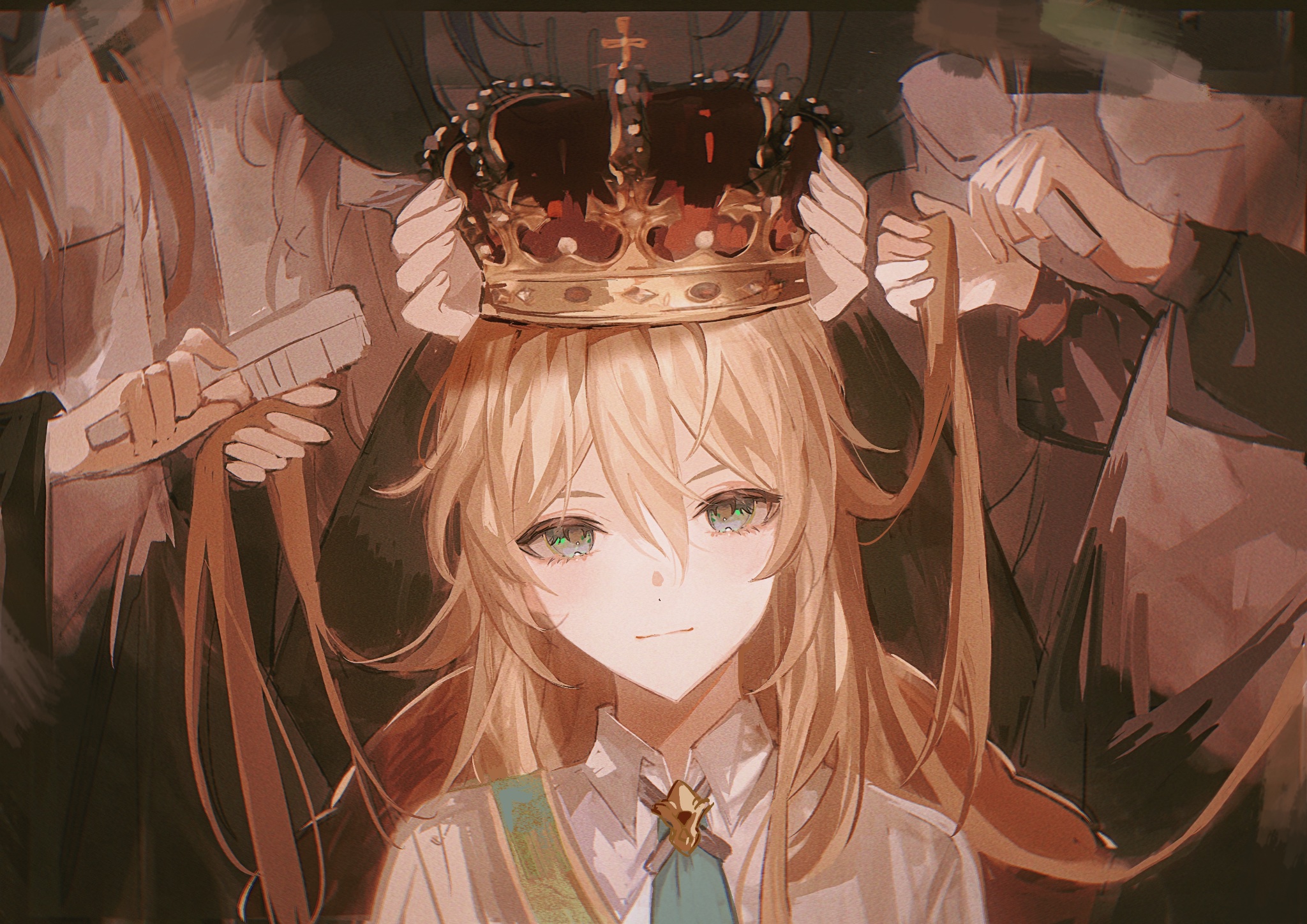 a young woman with long blonde hair and green eyes is being crowned with a golden crown by two unseen individuals. the woman has a serene expression on her face, and she is wearing a white dress. the crown is decorated with ornate details, and it looks like it is made of gold and jewels. the scene is set in a fantasy world, and it looks like the woman is about to be crowned a princess or queen. the image is full of detail, and the colors are vibrant and rich.