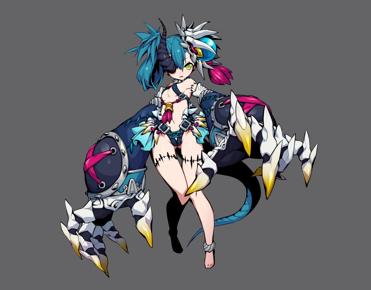 an animestyle character concept art piece depicts a female, oneeyed, bluehaired character with horns. she appears to have dragonlike claws for arms and is wearing a bikini top and bottom. she is standing with her left leg slightly bent and arms outstretched towards the viewer. the background is a solid gray.