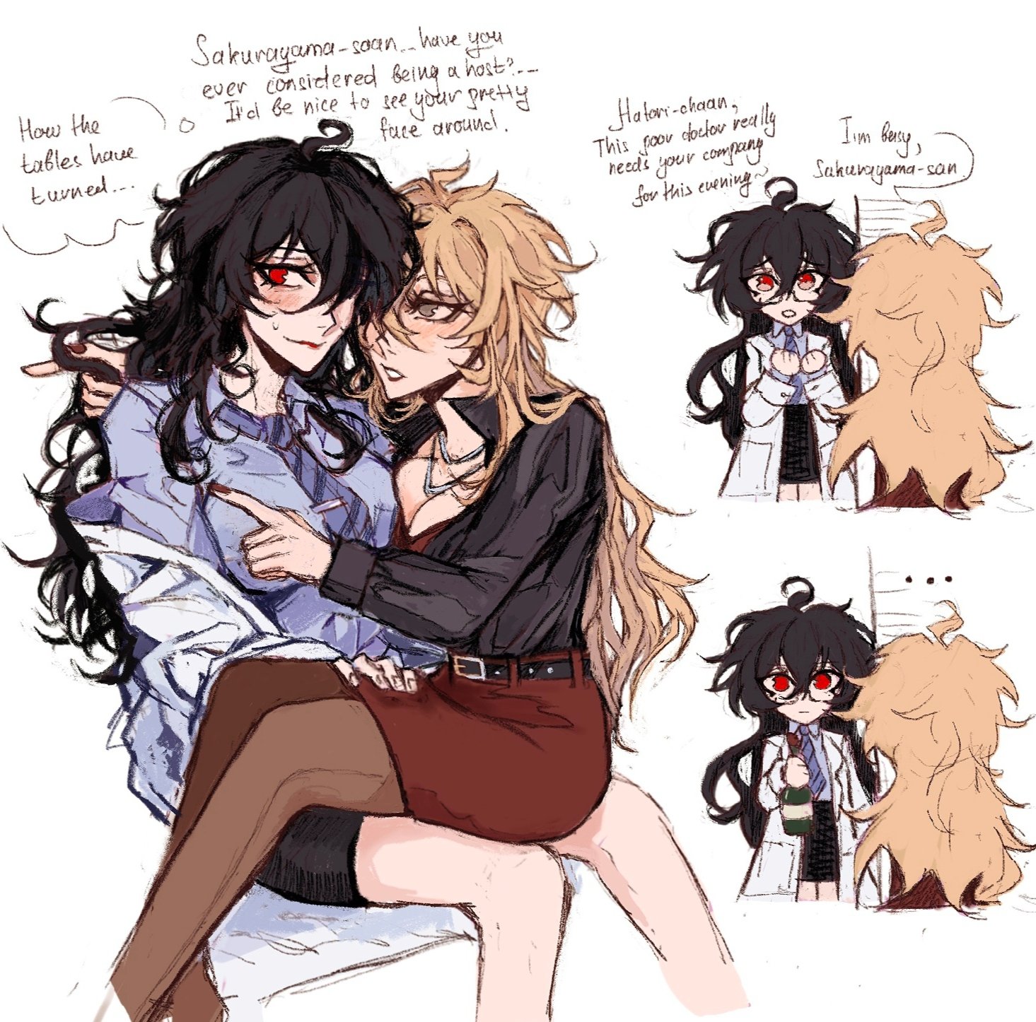 he image is a digital drawing or fanart, seemingly inspired by anime or manga styles. it features several panels showcasing two main female characters.  the primary focus is on a pair of women in a romantic embrace. one has long black hair and is wearing a light blue shirt, the other has long blonde hair and a darkcolored dress.  their interaction is affectionate and intimate, suggested by their body language and facial expressions.  there are speech bubbles containing dialogue hinting at a date or social event.  other smaller panels show the two women in lab coats, suggesting perhaps a professional setting or context. the overall style is expressive and dynamic, with a focus on capturing emotion and character interactions. the artwork uses a mix of soft and bold lines and shading to create depth and contrast.
