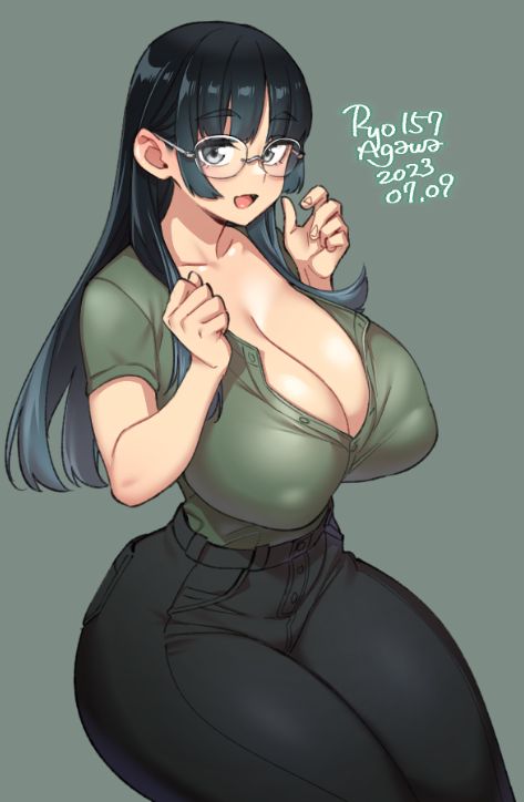 this is a digital art illustration of a busty anime girl wearing a green shirt with black pants. she's looking to the right side, and she's holding her shirt open to show off her chest. she has black hair and is wearing glasses. the artwork is very detailed and realistic. it is signed with the artist's name and date.
