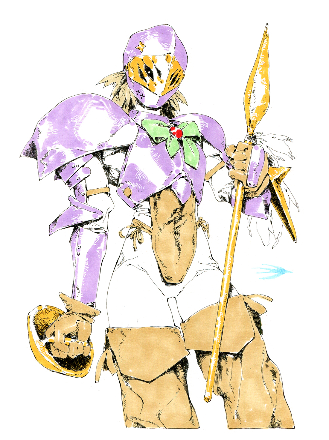 a fullbody illustration of a female warrior in stylized armor. she holds a spear in her right hand and a shield in her left. her armor is primarily purple and gold, and she wears a helmet with a visor that obscures her face. her expression is serious and determined. she appears to be standing on a white background, suggesting a studio or neutral setting for the artwork.