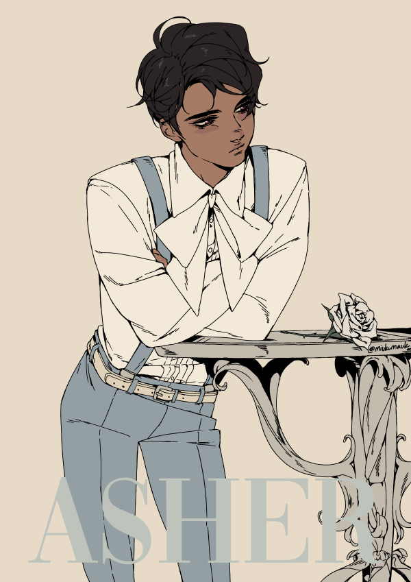 this is a digital illustration of a young man in a stylish outfit. he's wearing a white shirt, a bowtie, suspenders, and blue pants. he has dark hair and dark eyes. his expression is sad and pensive as he leans on an ornate table with a single rose on it. the background is a light beige.