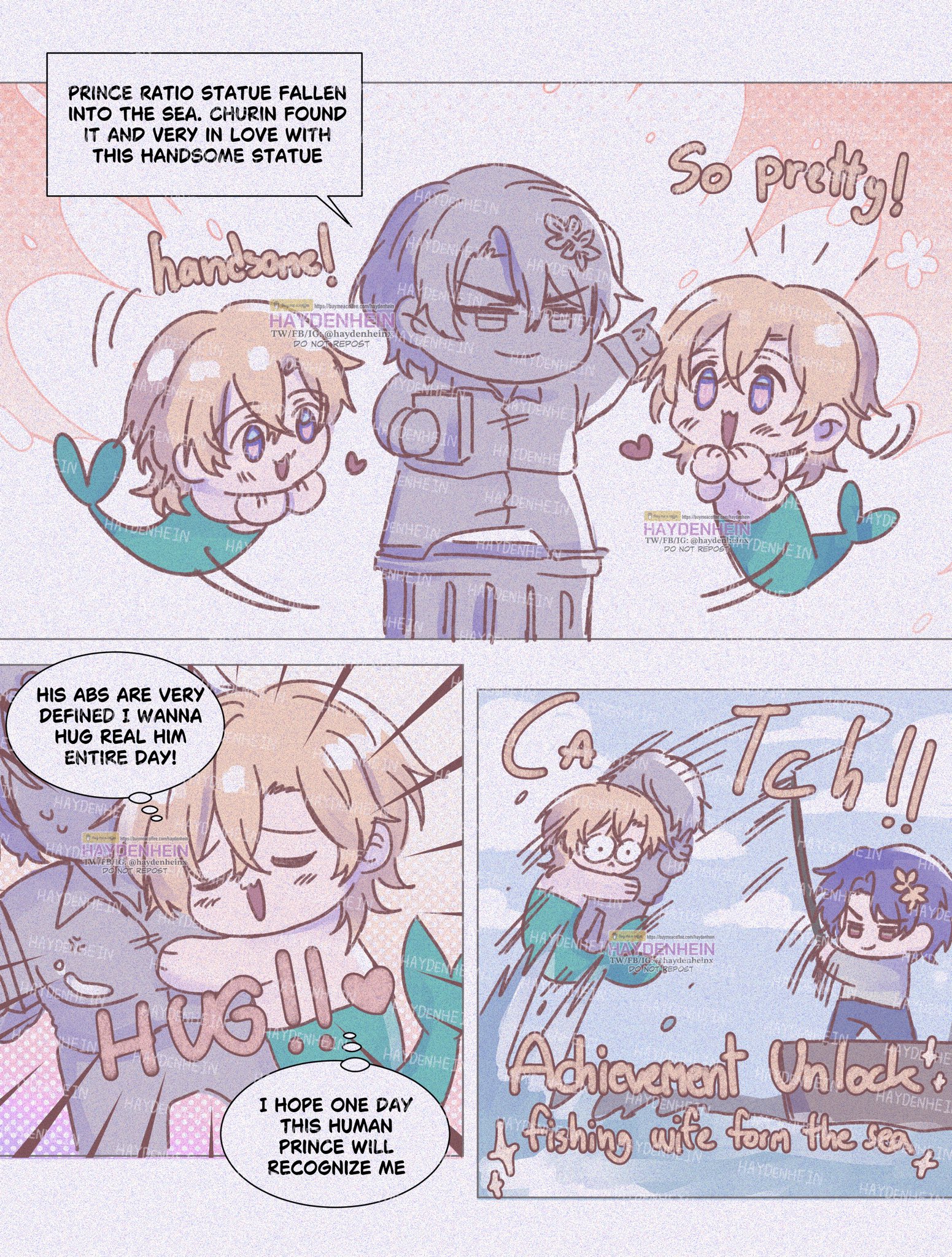 this manga comic is a cute love story. a mermaid prince is in love with a human prince. the mermaid prince is fishing for the human prince and catches him. the human prince is surprised but seems to be enjoying the attention.  the mermaid prince is very happy to have caught his prince.