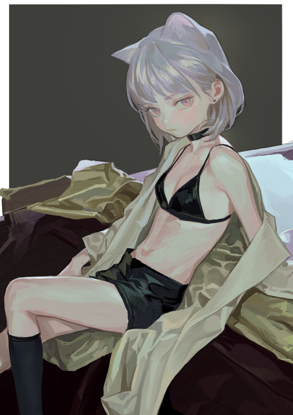 an anime girl with cat ears is sitting on a bed, wearing a black bra, black shorts, a coat, black socks and a black choker.