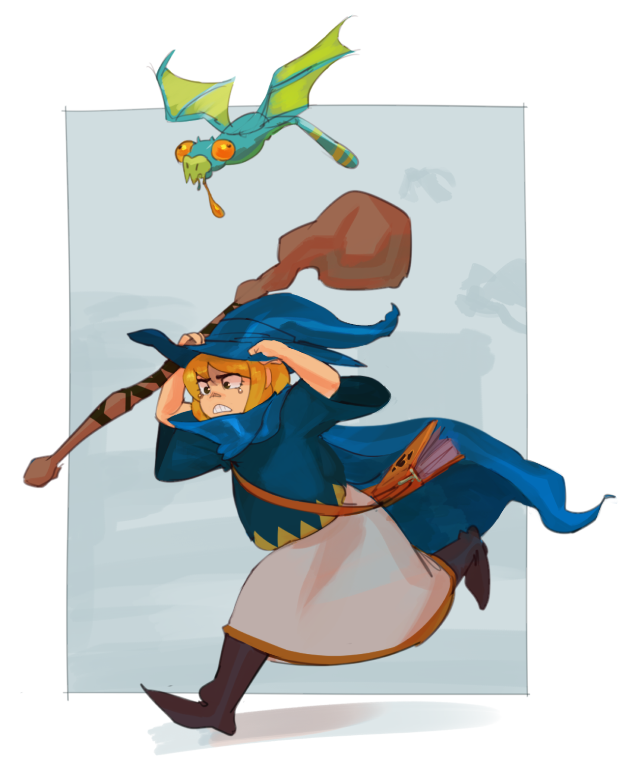 a cartoonish witch with blonde hair and a blue robe is running away from a green flying creature. she is holding a brown staff in her hands and is looking scared. the witch is running towards the right side of the image, and the creature is flying behind her. the background is a light blue rectangle. the image is a digital illustration in a cartoon style.