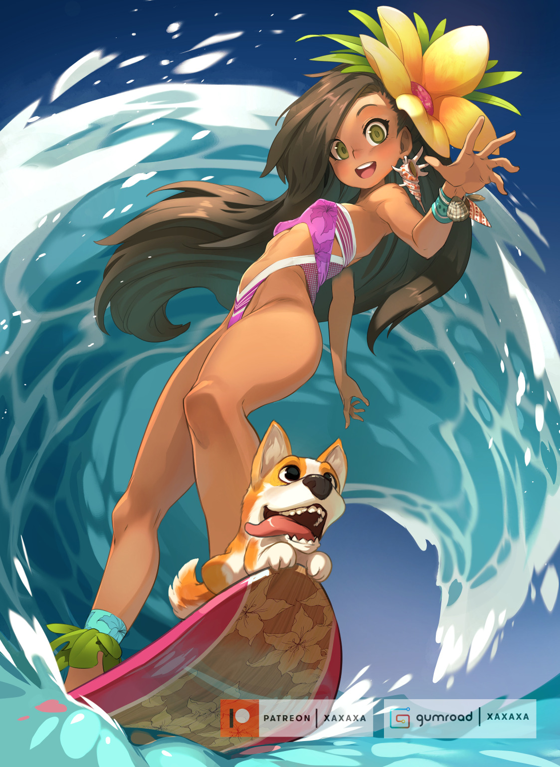 an anime girl with long brown hair, wearing a pink bikini and a flower in her hair, is riding a surfboard on a wave with her corgi puppy. the girl is smiling and her puppy is sticking its tongue out. they are both enjoying their time in the water on a beautiful summer day.