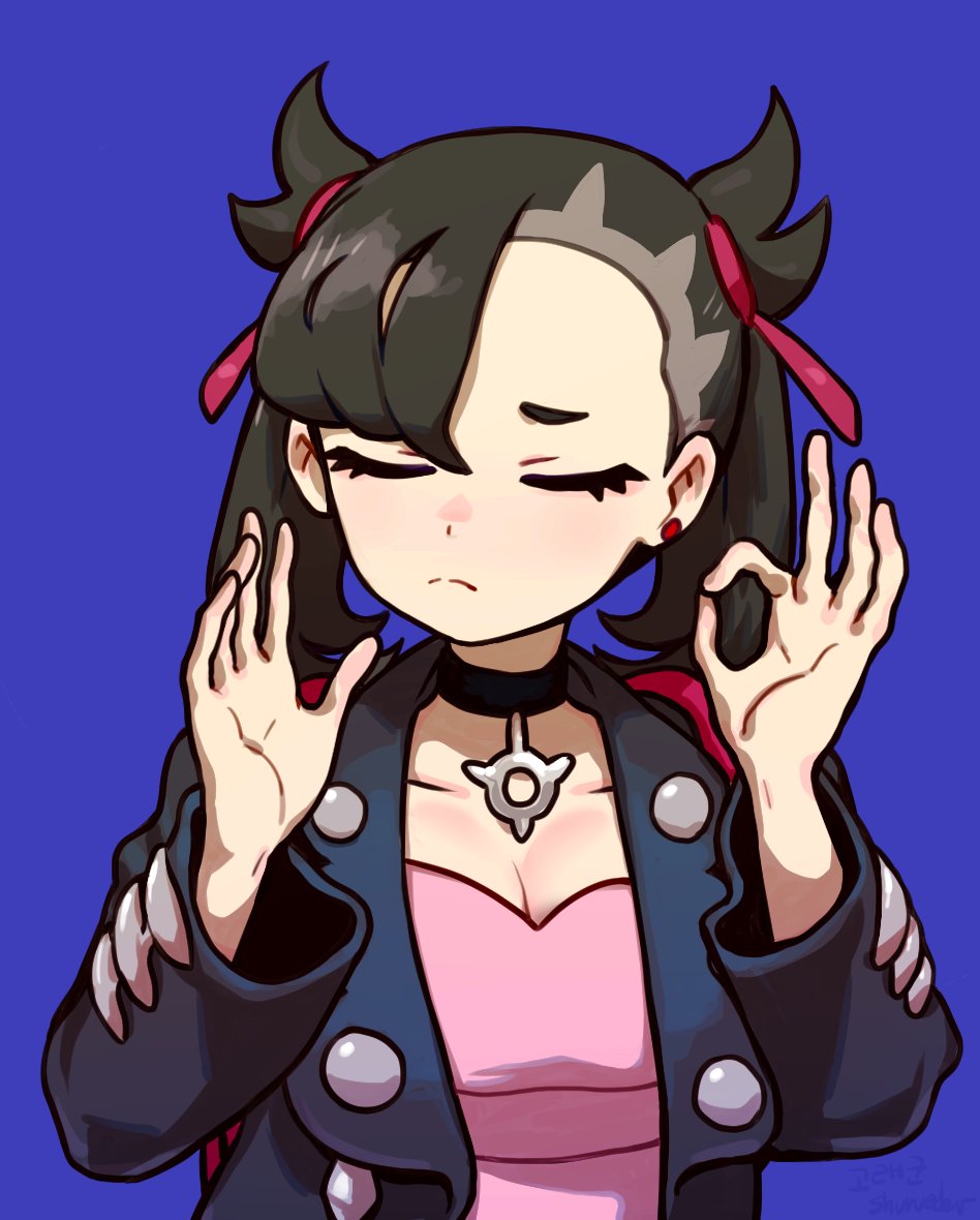 a digital art illustration of an anime girl with black hair, red ribbon, and a pink shirt with a black jacket. she is giving an “okay” hand gesture with both hands. the girl’s expression is smiling and cheerful.