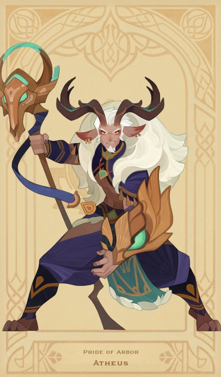 the image showcases atheus, a male character designed as the "pride of arbor," likely from a fantasy game. he is an elf with prominent antlers, clad in elaborate blue and gold armor. he holds a staff topped with a skull, suggesting magical prowess. the background is a decorative beige tapestry with intricate patterns, framing him within a rectangular border. the lighting is soft, casting subtle shadows and highlighting his attire.