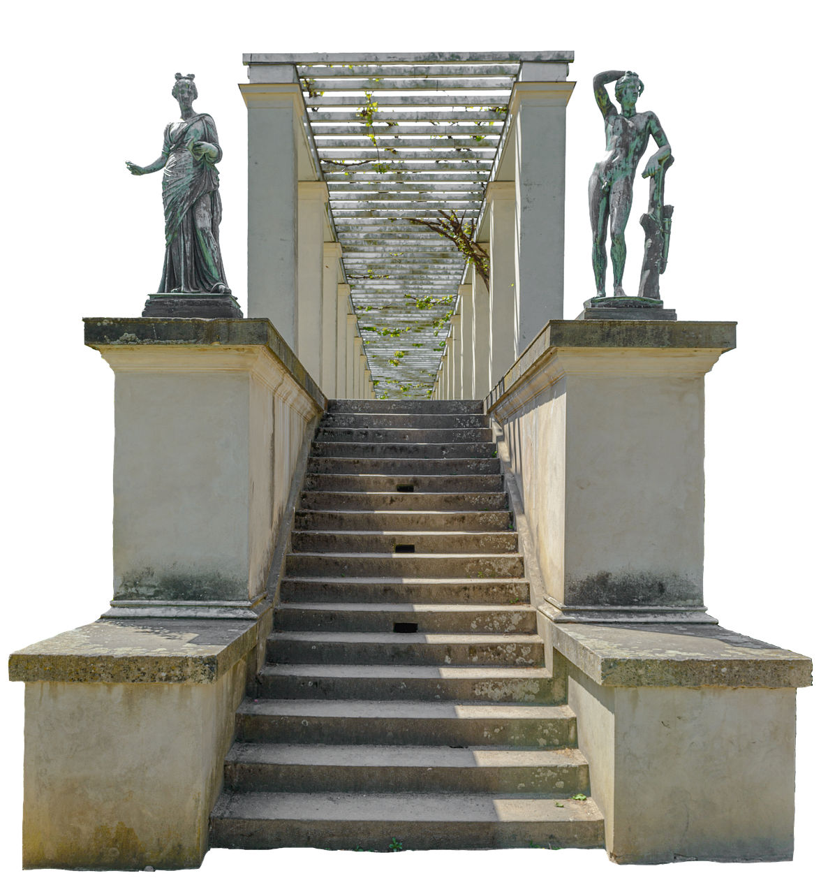 the image shows a set of stone stairs leading up to a pergola with statues on either side. the stairs are weathered and worn, with some small plants growing between the steps. the pergola is made of lightcolored wood and has vines growing over it. the statues are of classical figures and are placed on top of stone pedestals. the background is black.