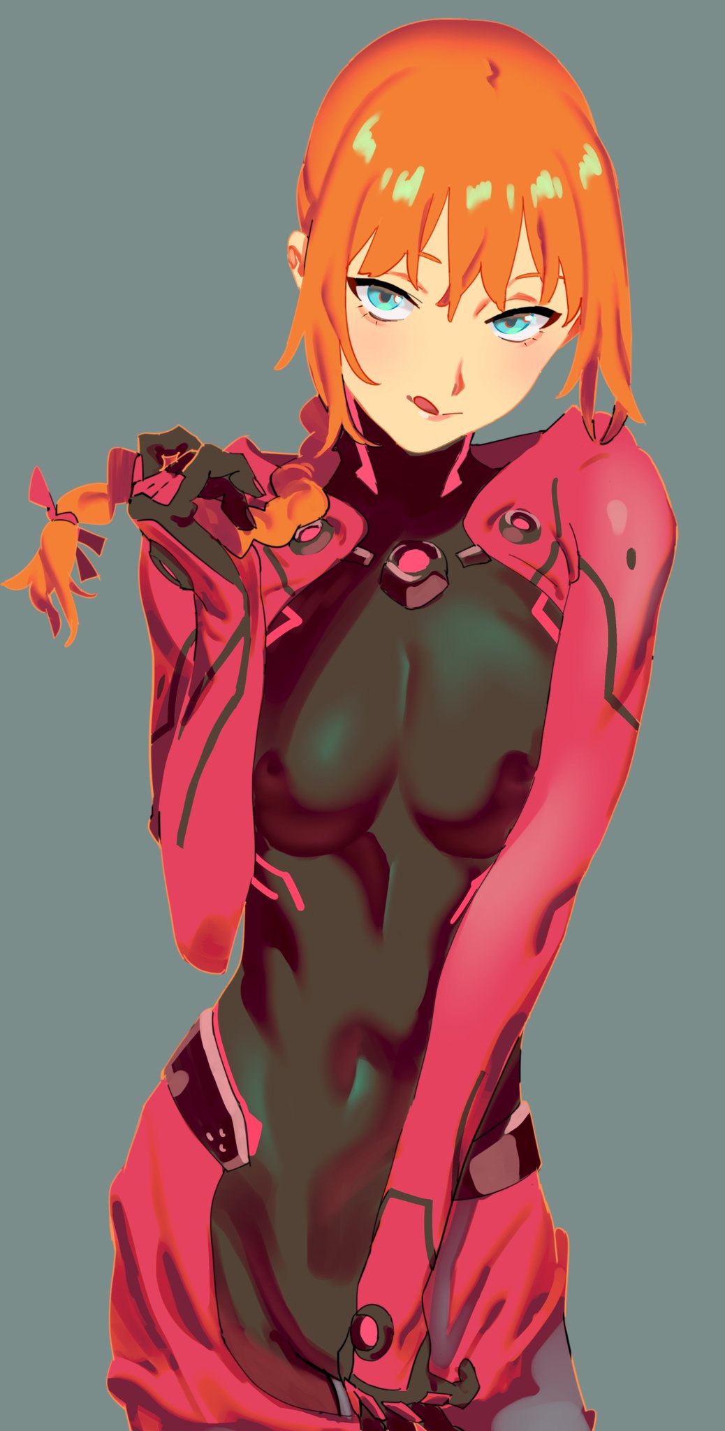 an anime girl with orange hair and blue eyes is shown in a plugsuit. she is looking at the viewer.