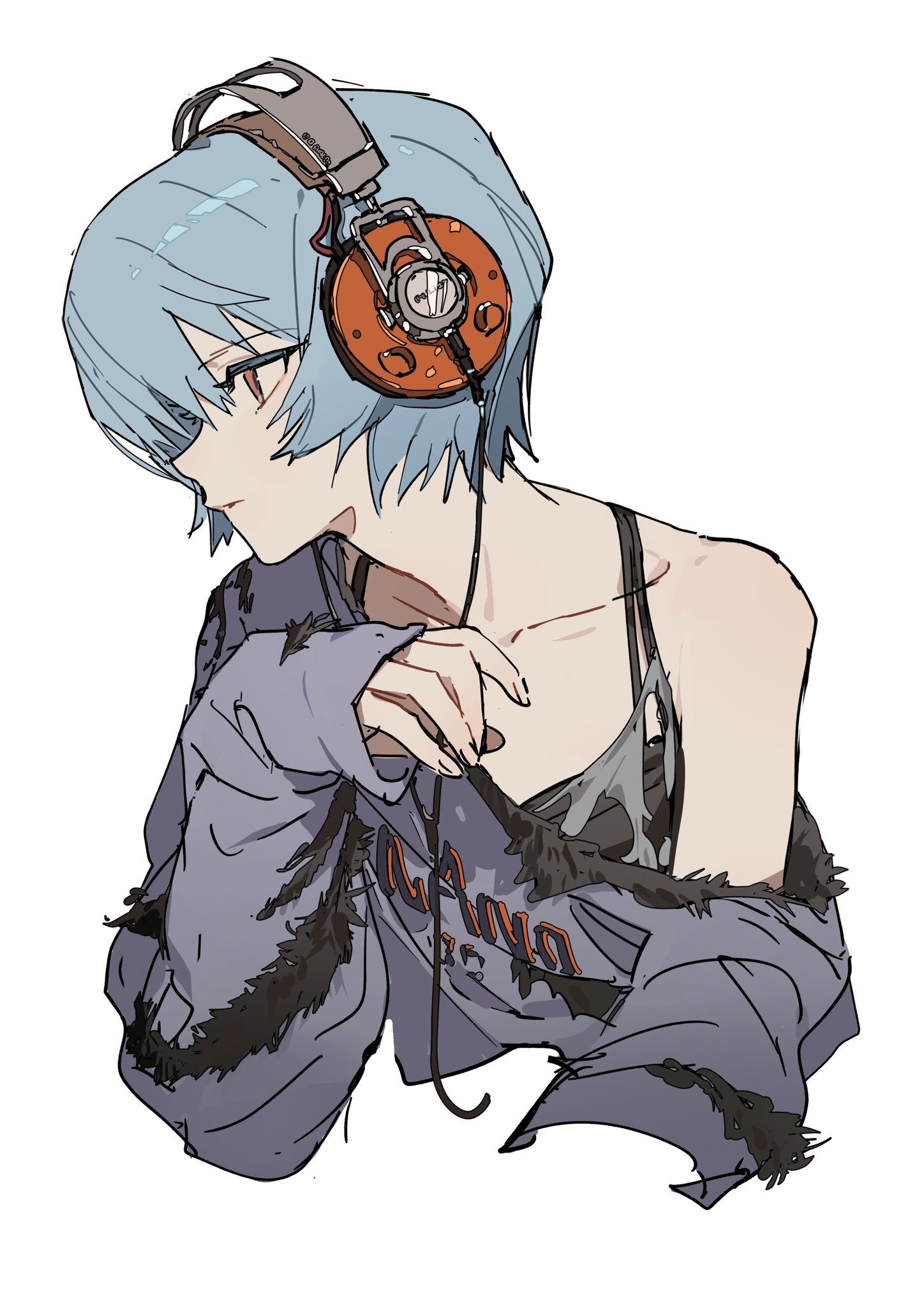 animestyle illustration of rei ayanami wearing headphones and a casual outfit. she has blue hair and is looking down.