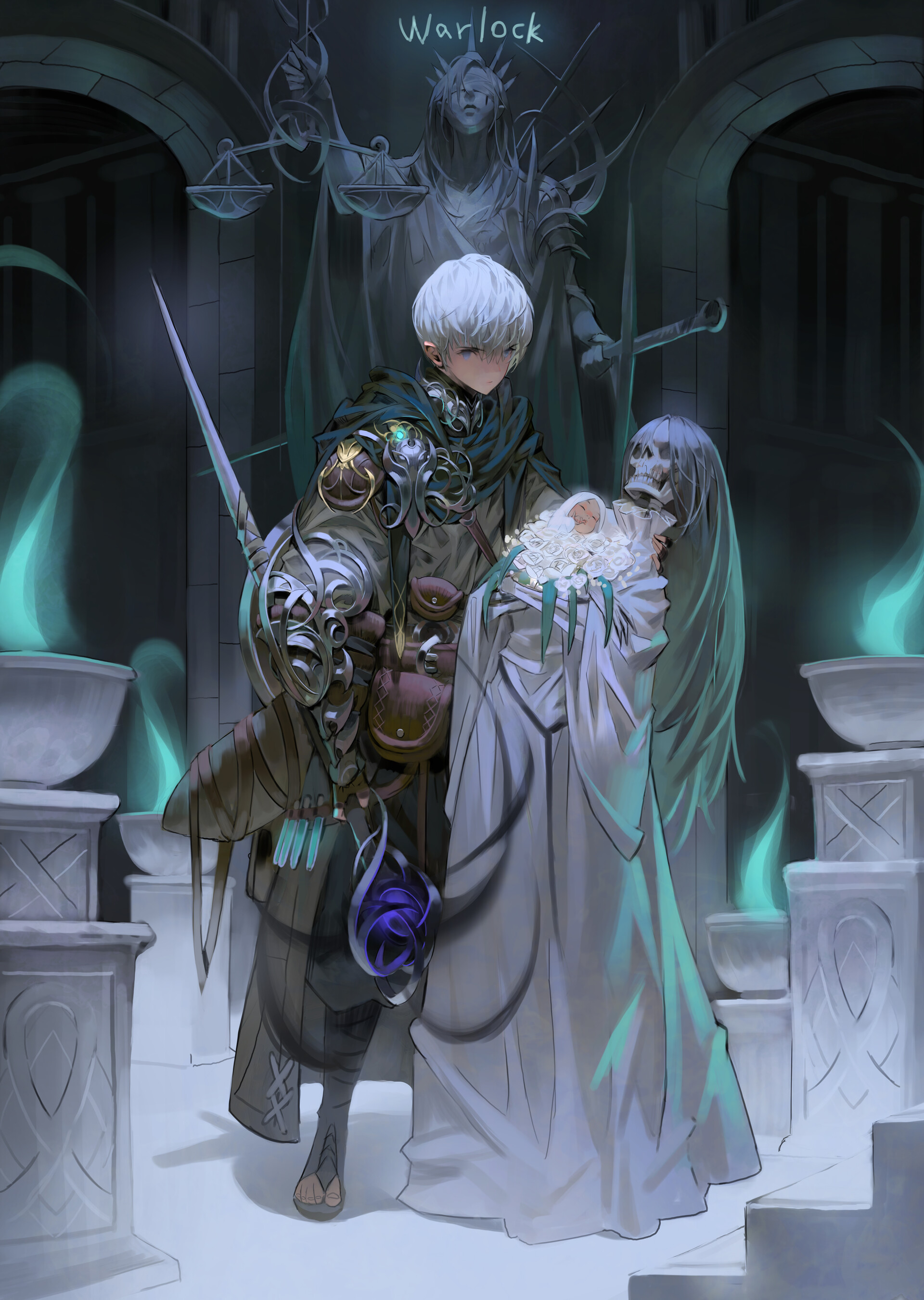 a digital art piece showing a male warlock holding a baby, standing beside a skeleton ghost. the warlock is in dark armor with a sword. there is a statue holding scales in the background and the setting is a temple with blue flames and lots of grey and white color.