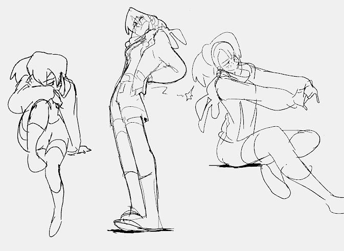 a sketch of three female anime characters in different poses. one is sitting with her legs crossed, another is standing with her back to the viewer, and the third is standing with her arms crossed. all three characters are drawn in a simple, line art style.