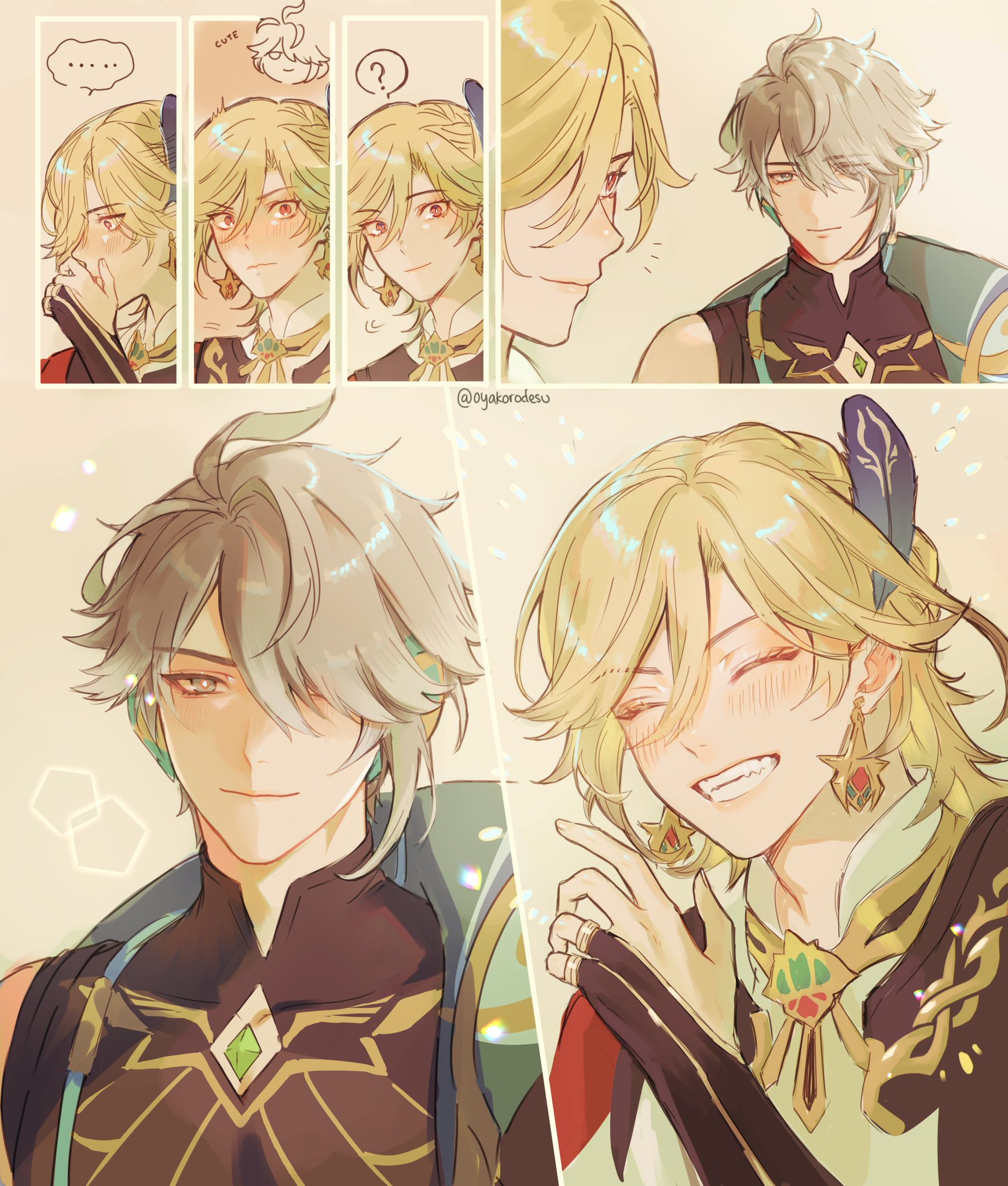 the image shows a scene from an anime or manga. it features two male characters, both young and handsome, standing close to each other. the character on the left has white hair and is dressed in a dark green and gold outfit. he is looking at the character on the right with a soft smile, while blushing slightly. the character on the right has blond hair and is wearing a golden and white outfit. he is smiling brightly, blushing and looking at the other character. the background is filled with white sparkles, giving the impression of a magical setting.