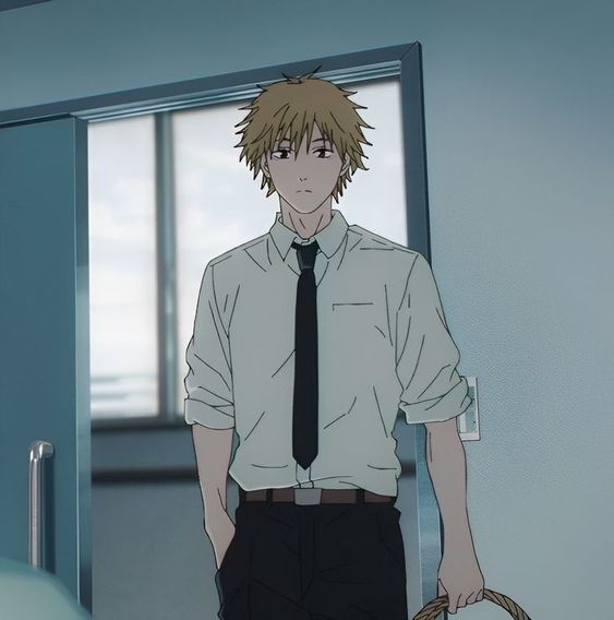 an anime screenshot of a young man with blonde hair wearing a white shirt, black tie, and black pants. he is standing in a doorway with his right hand in his pocket and his left hand holding a rope. he is looking at something in front of him. the environment appears to be indoors, likely a school, with blue walls and a window visible behind him. the lighting suggests an indoor setting. the perspective of the image is at eye level.