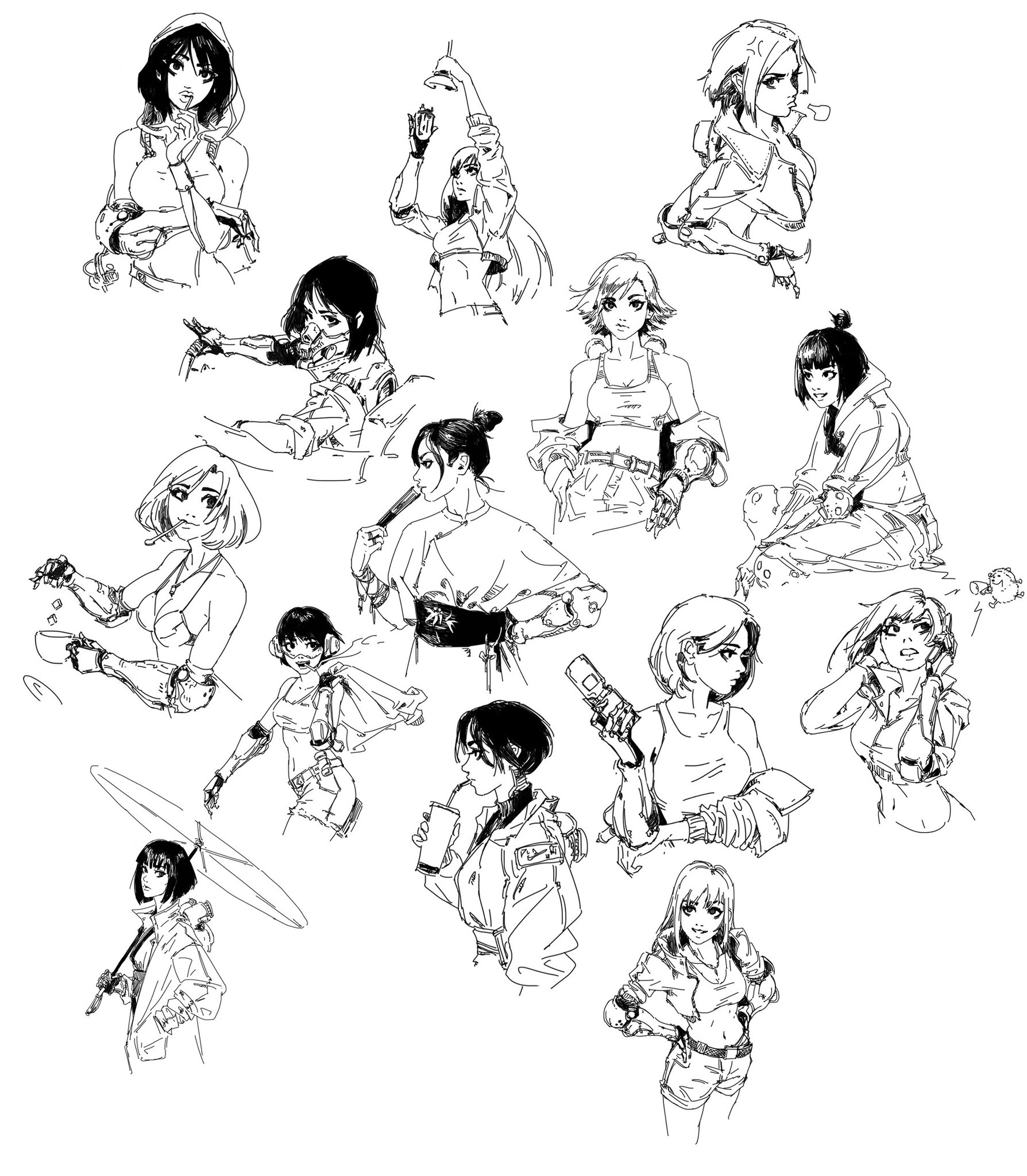 the image is a collection of numerous quick sketches of young women in various poses and styles of clothing.  the style is reminiscent of manga or anime, with dynamic lines, and a focus on character design rather than detailed backgrounds. the clothing ranges from casual to more futuristic or cyberpunk styles, showing a range of attitudes and expressions in the figures. the art is in black ink, creating a bold visual impact. each sketch provides a unique glimpse into the personality and style of each character, showcasing the artist's ability to capture different moods and gestures with minimal detail.