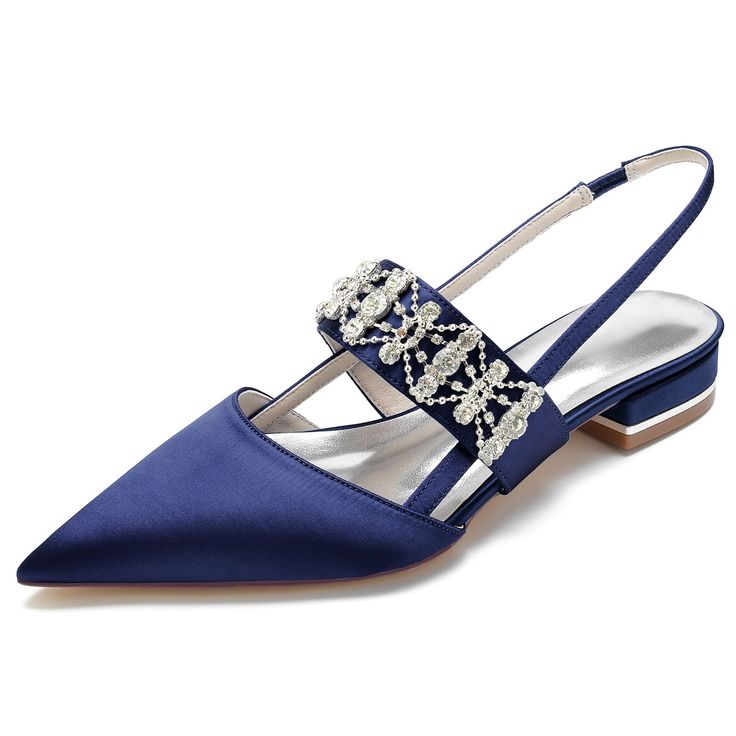 a pair of women's blue satin pointedtoe heeled shoes with rhinestones embellishments. the shoes are formal and elegant, suitable for weddings or special occasions.  the shoes are a light blue color and the heel is about 2 inches high.  the shoes have a pointed toe and a delicate strap that goes around the ankle. the shoes are adorned with rhinestones that are arranged in a beautiful pattern.