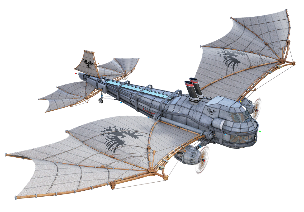an image of a steampunkstyle airship with large, winglike sails. the craft is rendered in a metallic grey color scheme and appears to be a blend of futuristic and retro elements. it features a glass cockpit and a long body with visible machinery and intricate details. each wing bears a black emblem of an eagle. the airship is set against a black background.