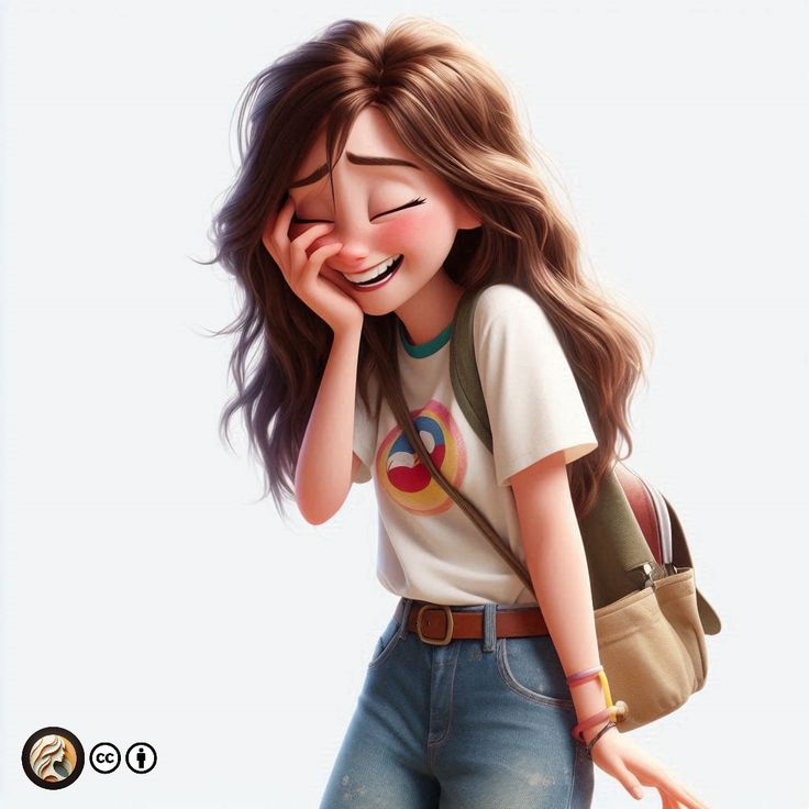 the image is a digital illustration or 3d render of a cute, cartoonstyled girl with long brown hair.  she's depicted laughing heartily, with one hand covering her mouth. she's wearing a casual outfit: a white tshirt with a circular design, blue jeans, and a beige satchelstyle backpack.  the style is highly realistic within the context of cartoon animation, showing detail in her hair, clothing, and facial expression. the overall mood is lighthearted and cheerful.