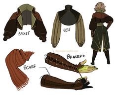 the image showcases a fashion design concept for a female character. it's comprised of separate illustrations of the garments  a hooded jacket, a cropped vest, a long scarf, and long, laceup bracers  along with a fullbody sketch of the character wearing the complete outfit. the character, with blonde hair tied back, is posed with her hand extended as if holding something. the overall style suggests a fantasy setting, with earthtoned colors dominating the palette.