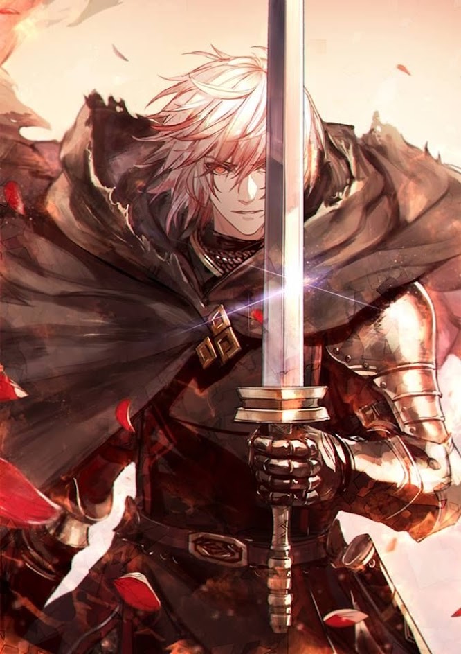 the image features an animestyle illustration of a male knight. he is standing with his sword in front of him, holding it tightly. the knight is wearing armor and a cloak, with long white hair. he is surrounded by red petals that float in the air. the background is blurred and a light glow can be seen from the sword.