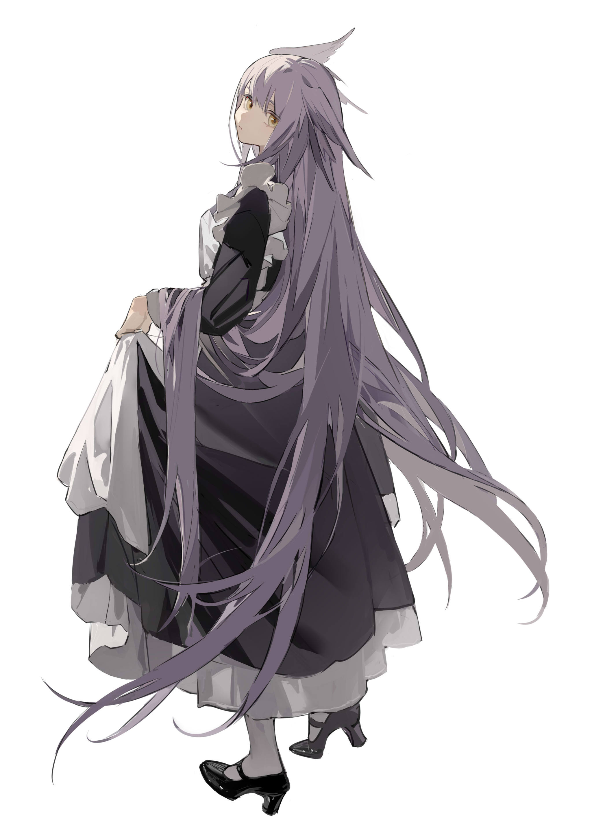 an anime girl with long purple hair and yellow eyes is standing, holding the hem of her white and black dress. she is wearing black shoes and has a white bird feather in her hair. she is looking up and to the left.