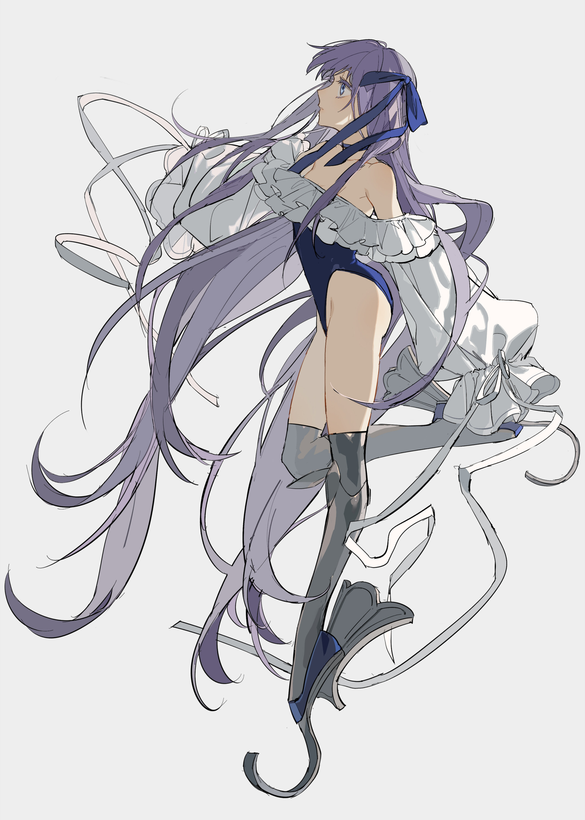an animestyle illustration depicts a young woman with long, flowing purple hair and a blue bow. she is dressed in a dark blue leotard, a white ruffled top, and dark stockings. she is seen in a side view, with her gaze directed upwards and to the side. there are ribbons swirling around her. the background is a plain white.