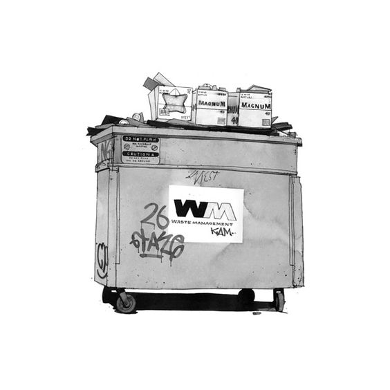 a black and white sketch of a dumpster with graffiti on the side and a "waste management" logo. there are a few boxes stacked on top of the dumpster, and a "west" sticker on the side. the dumpster is sitting on a street.