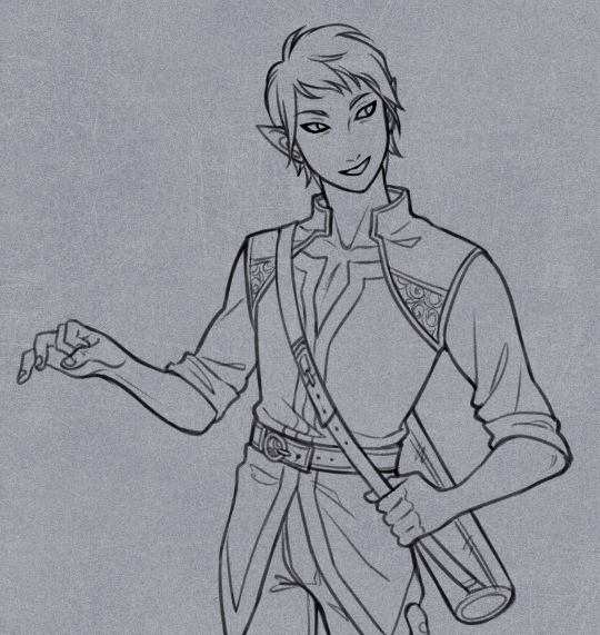 a black and white line art drawing of a male elf on a grey background. he has short hair and pointed ears. he is wearing a tunic, pants, and a satchel. he has a mischievous smile on his face and is holding his hand out as if gesturing.