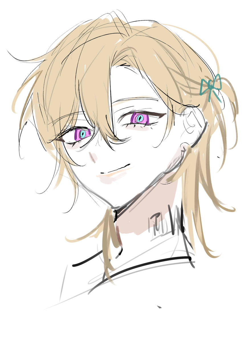 a digital sketch of a young anime girl. she has long blonde hair and a soft smile. she is wearing a white shirt with a collar, and has a green ribbon in her hair. she has pink and purple eyes. the background is white.  the image is drawn in a simplistic style.