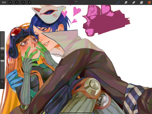 this is a digital illustration of a young woman and a young man. the man has blue hair and is wearing a mask that looks like a fox's head. the woman has long orange hair and is wearing a black and green outfit. they are embracing in a close embrace, and there are pink hearts around them. the image is a romantic and sweet portrayal of two people in love.