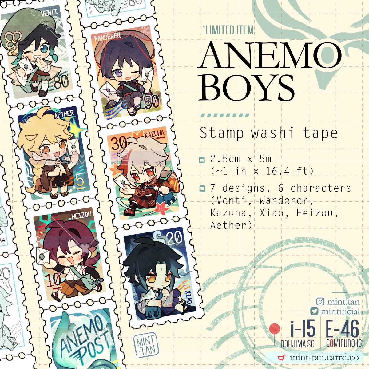 this image is a promotional poster for a limited edition washi tape set featuring characters from the popular anime game genshin impact. the set is called "anemo boys" and includes 7 designs featuring the characters venti, wanderer, kazuha, xiao, heizou, and aether. the washi tape is 2.5cm x 5m in size and is being sold at doujima sg and comifuro 16. it is marketed by mint tan and their website is listed in the image.