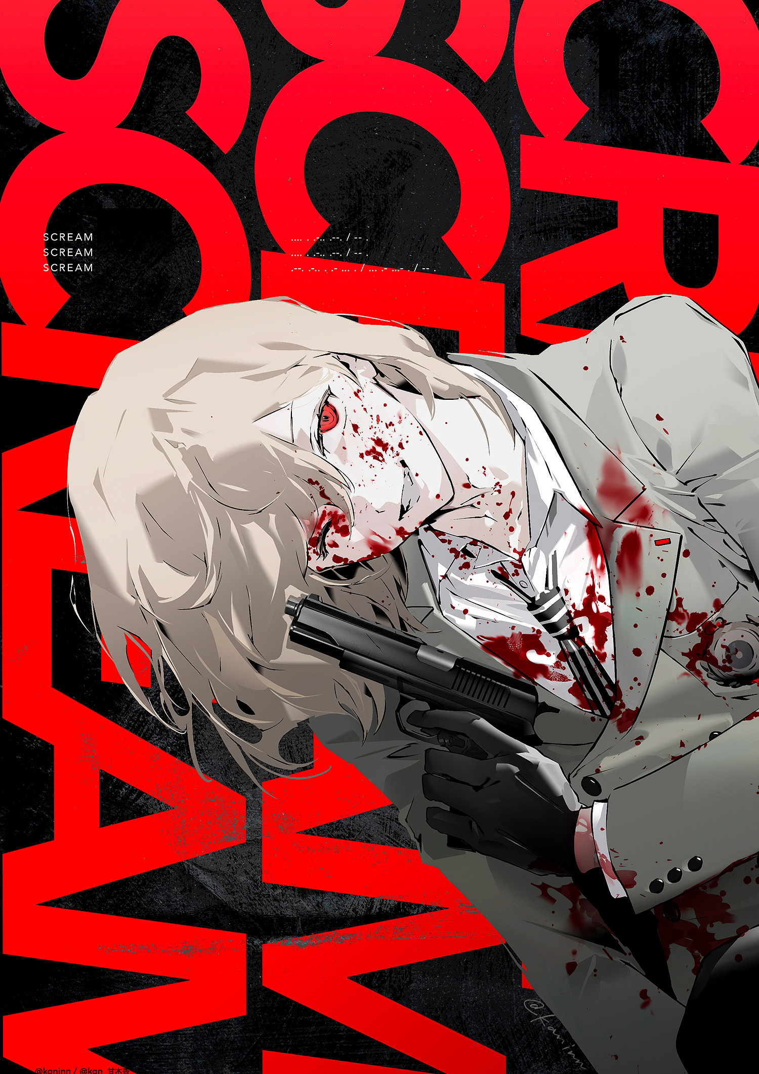 the image is a graphic illustration of a man in a suit holding a gun, with blood splattered on him and the background. the man is wearing a black glove on his right hand and has blood on his face. the background is red with black letters that say "scream" in a bold font. the image has a dark and gritty aesthetic, with a sense of violence and danger. the image could be used for a variety of purposes, such as a poster for a horror movie or a book cover for a crime novel.
