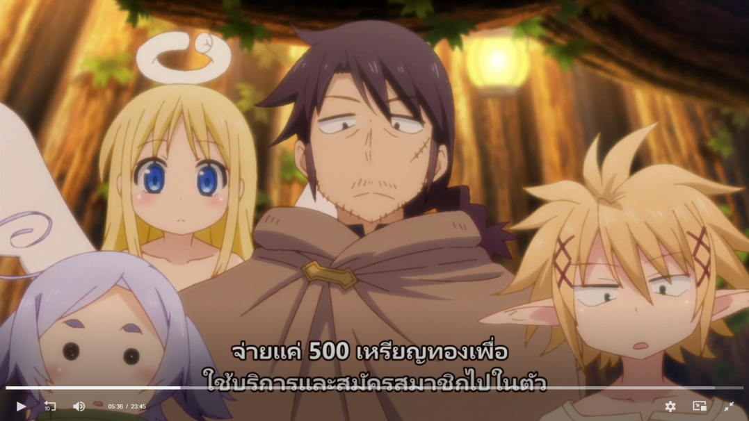 the image is from an anime series. it depicts four characters in an outdoor scene, one standing and three sitting. the standing character is a male with brown hair wearing a brown robe with a gold belt buckle. he has a goatee beard and is looking down with a serious expression. the character sitting on the left is a female with blonde hair and a halo. she is wearing a white dress and has her eyes closed. she is smiling. next to her is a female with purple hair and large eyes. she is wearing a white dress and has a concerned look on her face. the character on the right is a male elf with blonde hair. he has a surprised expression on his face. he is wearing a white shirt. there are speech bubbles with text in japanese around the characters. the background is a wooden structure with a lamp hanging in the middle of the scene. the characters are likely discussing something serious, as their expressions suggest.