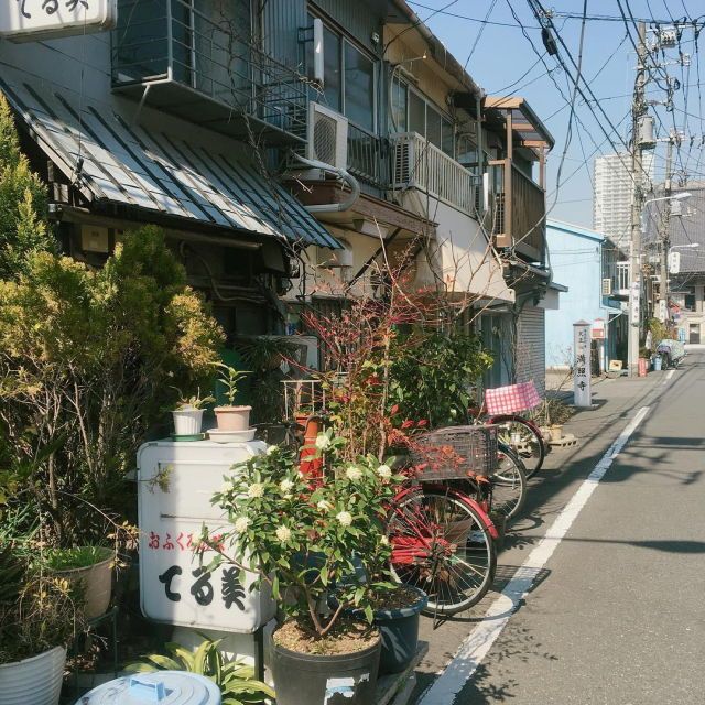 a street scene in japan features several old buildings on one side of the road.  the first building is twostories high and has metal siding, with greenery and plants clustered near it. two red bicycles are parked along the street near the building, partially obscured by the vegetation. further down the road, a blue building is visible, along with other structures and utility poles with numerous wires. the street is partially shadowed, suggesting it is midday with bright sunlight. the image conveys a quiet, local neighborhood vibe.