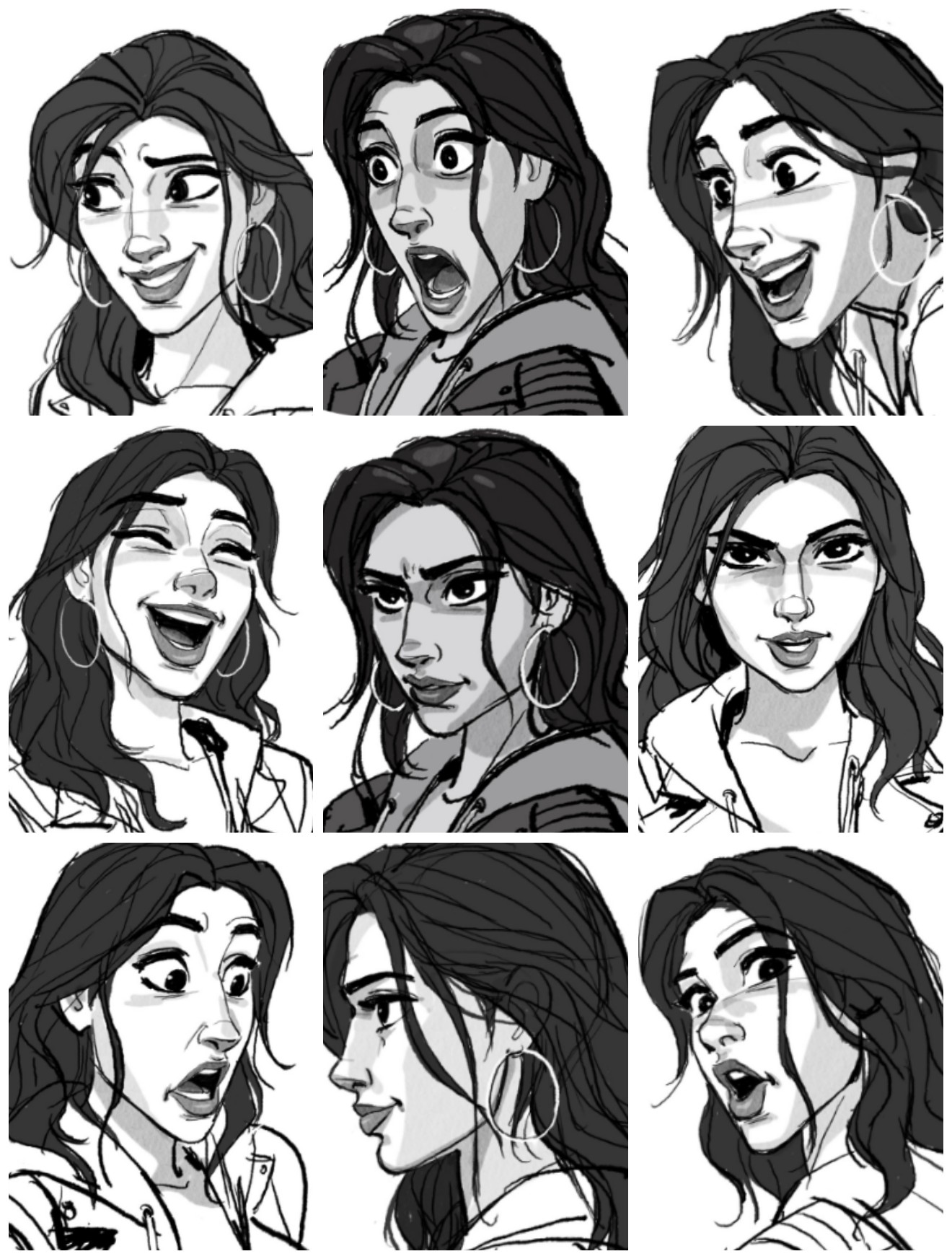 the image is a collection of nine grayscale sketches depicting a young woman's face with various expressions. each sketch showcases a different emotion, including surprise, happiness, anger, and a neutral expression. the sketches are consistent in style, showing the woman's face and upper torso with long brown hair and hoop earrings.  the style is reminiscent of animation or comic book character design, with strong lines and shading to convey emotion. the overall composition suggests a character sheet or mood board for an animated character or comic.