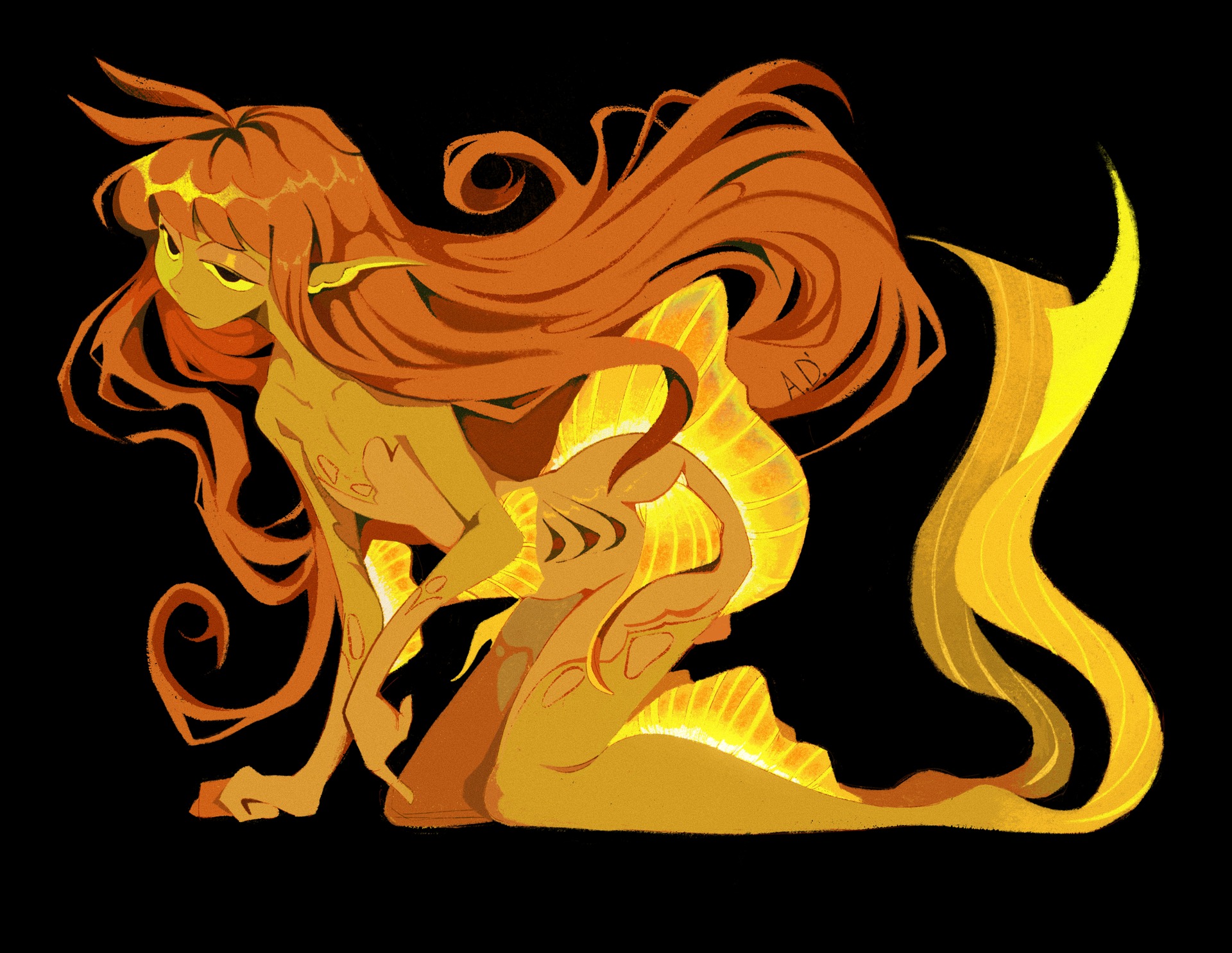 he image is a digital painting of a stylized mermaid.  the mermaid has long, flowing orange hair and a body that blends orange and gold tones. her tail is particularly vibrant, with streaks of bright yellow and gold, suggesting a radiant, possibly sunrelated, quality. her pose is somewhat languid, and her expression is serene yet slightly melancholic. the background is a deep black, making the mermaid's bright colors stand out. the style is evocative of fantasy art and has a painterly, slightly abstract quality.  the artist's signature is subtly visible near the tail.
