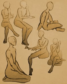 a sketch of six female figures in different poses. the figures are drawn with simple lines and outlines, and they are all in various positions of sitting, kneeling, and standing. the drawing is done on a light brown background.