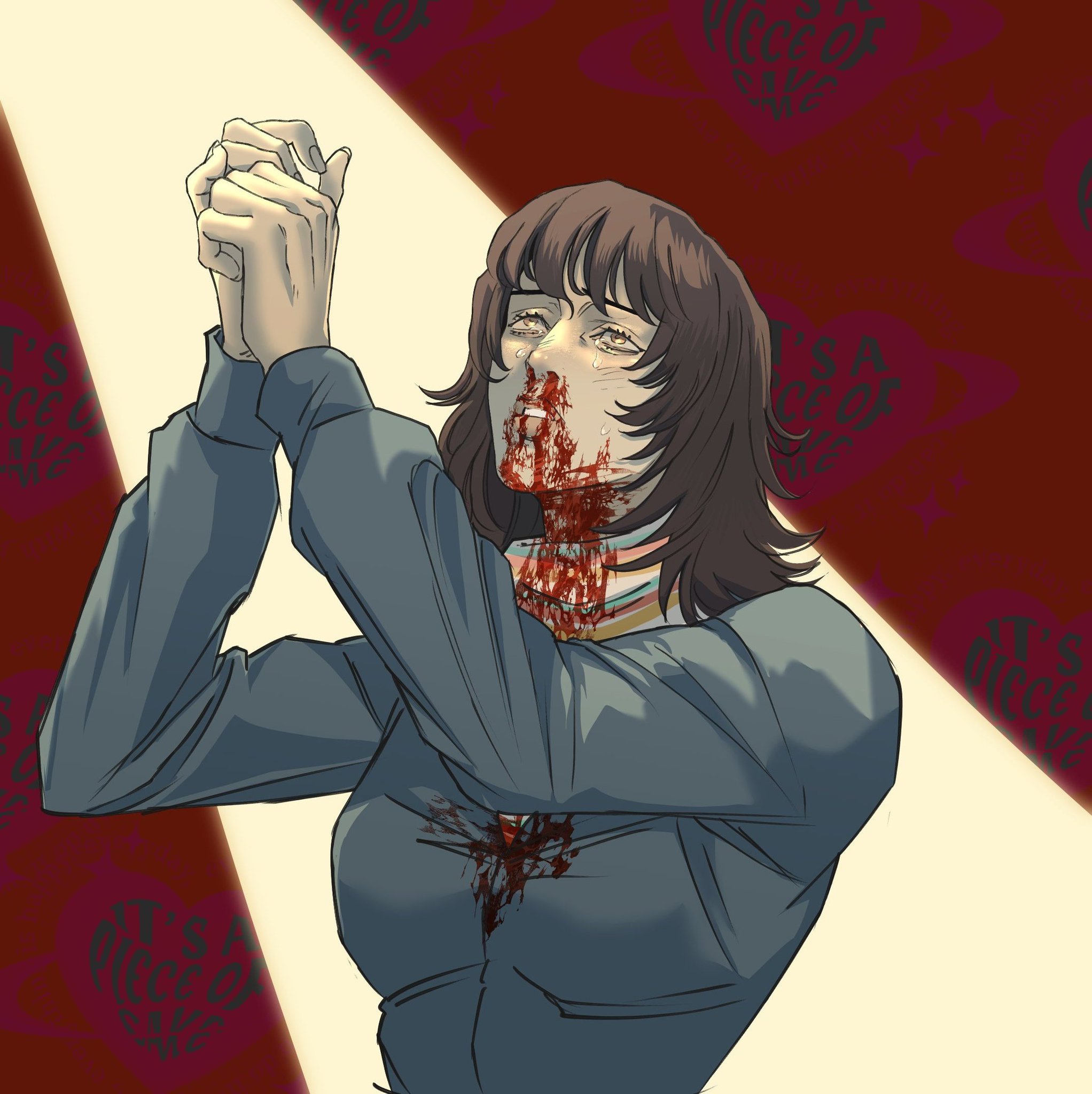 a digital illustration depicts a woman with dark hair and a distressed expression, covered in blood. she is shown from the chest up with her hands clasped together in a pleading gesture. blood streams from her nose, mouth, and chest. the background consists of a beam of light and a dark red pattern. the image evokes themes of horror, violence, and injury.
