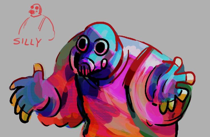 the image is a digital painting of a cartoon character. the character is large and round with a gas masklike face. the colors are very bright and vibrant, almost neon, with a lot of blending and texture. the style is abstract and expressive, with a focus on color and emotion rather than precise detail. the character appears friendly and goofy, with exaggerated gestures.  a small sketch labeled "silly" is visible in the upper left corner, suggesting a possible initial concept. the overall style is reminiscent of contemporary digital art and graphic design trends.