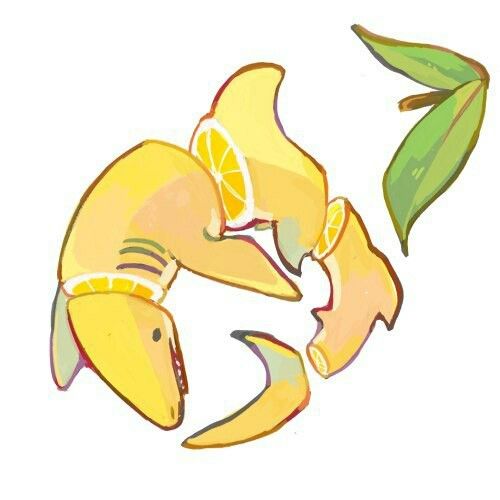 a whimsical cartoon image of a creature that appears to be a lemon shark, composed of lemonlike segments with sliced lemon crosssections. several lemonlike body parts are disconnected, giving it a fragmented appearance. a pair of green leaves is included. the art style is reminiscent of digital painting.
